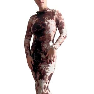 Sheer Mesh Brown Print Mock Neck Maxi Dress Women's Size Small